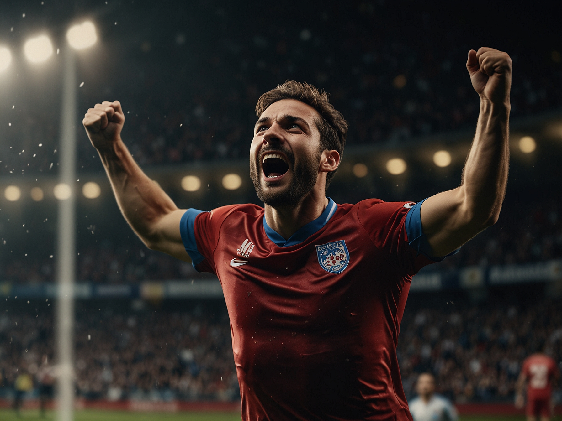 Jugador celebrando gol en estadio - Mostbet Perú